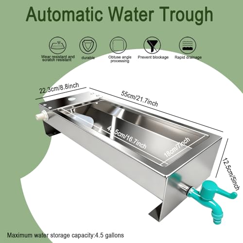 Paiaojia Automatic Livestock Water Trough Animal Stainless Steel Larger Automatic Waterer with Float Valve Kit for Goat Cattle Horse Hog Pigs Dog Water Dispenser Outdoor,22\"L x8.6\"W x 5.1\"H,3 Gallons