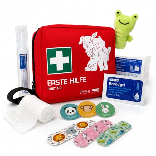 FLEXEO Erste Hilfe Set für Kinder | 76-teilige Reiseapotheke inkl. Brandgel, Zeckenzange, Motiv-Pflastern, Fingerpuppe & Tapferkeitsstickern | Erste Hilfe Tasche Baby, Kleinkind, unterwegs & zuhause