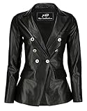 Double Breasted Fancy Buttons Lambskin Leather Blazer Women - Kim Kardashian Long Sleeve Coat Style Leather Jacket Women (Blk, XL) -  Jild