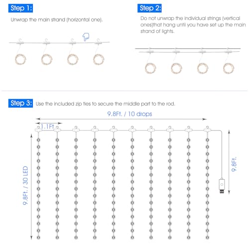 Minetom Curtain Lights, 300 LED Dimmable Fairy Lights with Remote and Timer, 8 Modes, USB Powered String Lights for Room Wall Party Xmas Indoor Decor, Blue & White Hanukkah Decorations Lights