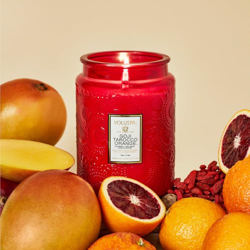 Image of Voluspa Goji Tarocco Orange Large Scented Candle Jar 18 Oz, 100 Hr Burn | Coconut Wax Blend in Decorative Glass, Clean Even Burn, USA Handcrafted Gift for Hosts, Fragrance Lovers & Relaxed Rooms