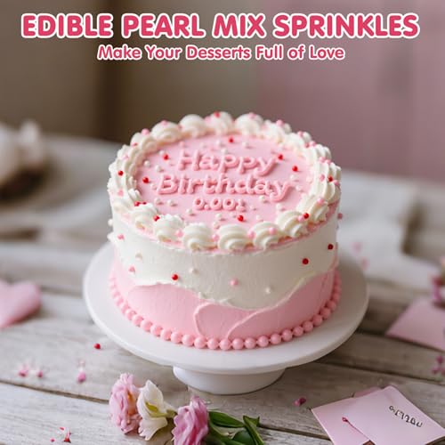 Image of Nonpareils Sprinkles,Edible Pearl Sprinkles,Pink White and Red Nonpareils Mix,130g,Cute Pearls Cake Candy,Mini Sugar Sprinkles for Decorations Baking,Cake Donut Ice Cream Cookies Cupcake Topper Chocolate,Birthday Wedding Party Supplie