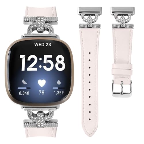 Luxe Leather Bands Compatible With Fitbit Versa 4/Versa 3/Sense 2/Sense Bands For Women D-shaped Bling Metal Buckle Replacement Straps.