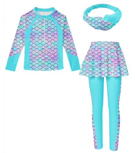 Image of Girls Long Sleeve Rashguard Half Zip Swimsuits UPF 50+ Two Piece Swim Sets with Hairband 5-12Y | Two Piece Swim Sets with Hairband