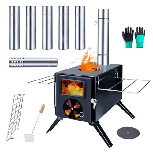 Estufa de leña portátil – Estufa plegable para tienda de campaña, calentador de acero aleado resistente a altas temperaturas para senderismo y alojamiento con chimeneas