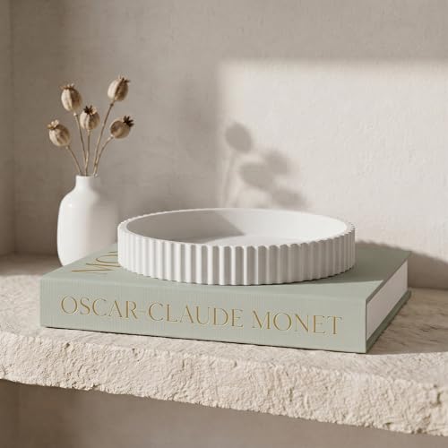Decorative Concrete Tray & Book Decor Set - Scalloped Tray & Linen Box Enhance Your Coffee Table or Bookshelf Decor - Stylish Home Decoration for Your Living or Dining Room & as a Housewarming Gift