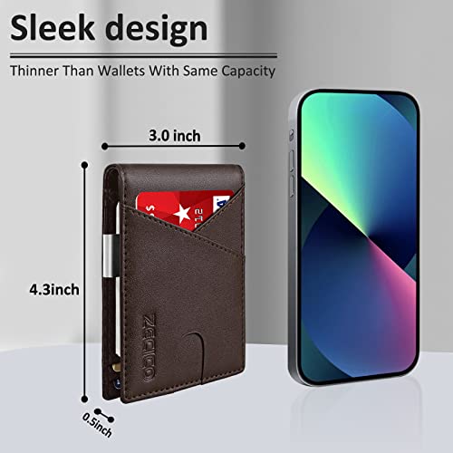 Zecico Wallet Mens Slim Rfid Minimalist Bifold Leather Card Holder Wallets Front Pocket Small Smart Thin Travel Rfid Blocking Purse With Money Clip Id Window Gift Box (Classic Brown) #TOP7