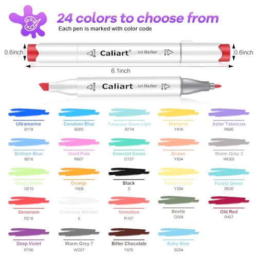 Image of Caliart Alcohol Markers 24 Colors Coloring Markers Fine & Chisel Dual Tip | Non-Toxic Permanent Pens for Adults Coloring Book Beginners Sketch Illustration Painting Drawing School Supplies Art Gifts