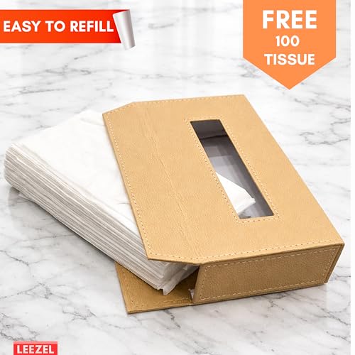 Image of LEEZEL| Tissue Box Holder with 100 Pulls Cotton Rags Tissue | Handcrafted Fine Leather - Like Finish | for Gifting, Office Desks, Cars & Home Decor | Durable & Water Resistant. (Beige)