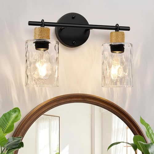 Image of MOKATNG Bathroom Light Fixtures, 2-Light Coastal Vanity Lights with Crystal Glass Shade, Brown and Gold Bathroom Wall Lamp for Mirror Kitchen Hallway Cabinet