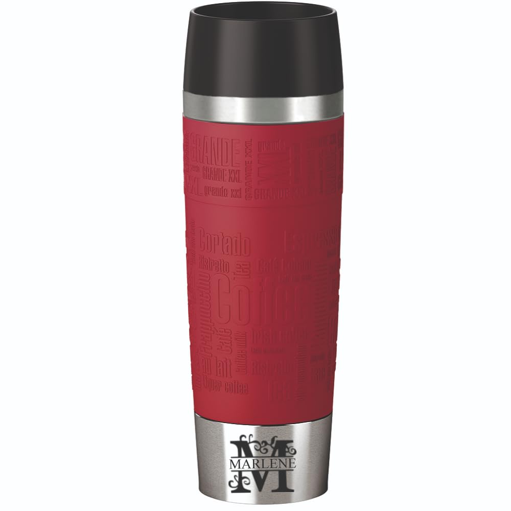 Emsa Isolierbecher 500ml mit Gravur Monogramm/Buchstabe (+ Name) Travel Mug Grande XXL Manschette rot personalisierter Kaffeebecher Teebecher, Motiv MO1