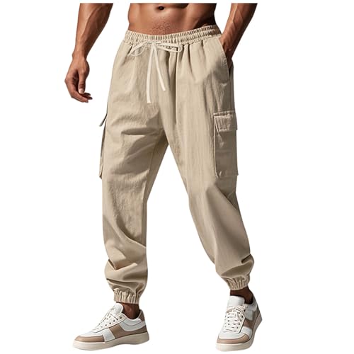 Linen Cargo Pants for Men Ventilate Drawstring Pockets Outdoors Trousers Exercise Workwear Joggers Pants Workout