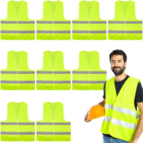 Safety Vests 10 Pack – Yellow Reflective High Visibility, Hi Vis Silver Strip, Men Women, Work, Cycling, Runner, Surveyor, Volunteer, Crossing Guard, Road, Construction, Neon