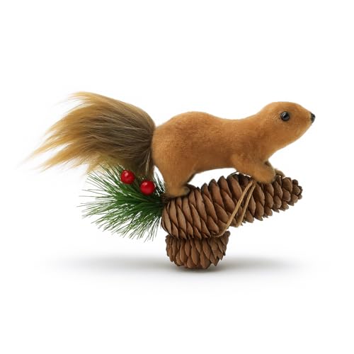 Decoração Natalina Esquilo com Pinha e Azevinho, Enfeite Pendente para Árvore de Natal, 15 cm