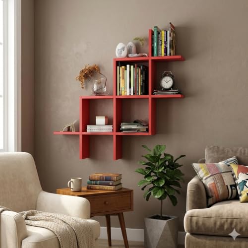 Image of Wooden Wall Shelves for Living Room, Kitchen, Hallway, Bedroom, and Bathroom; Wall Mounted Book Shelf; Wall Shelf for Photos and Decorations; Bend Shelve-Red