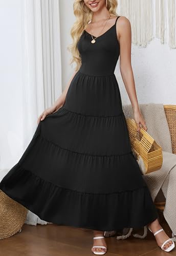 Image of Women's Summer Flowy Tiered Maxi Dress Elegant Spaghetti Strap with Ruffled Skirt Beach Vacations Parties