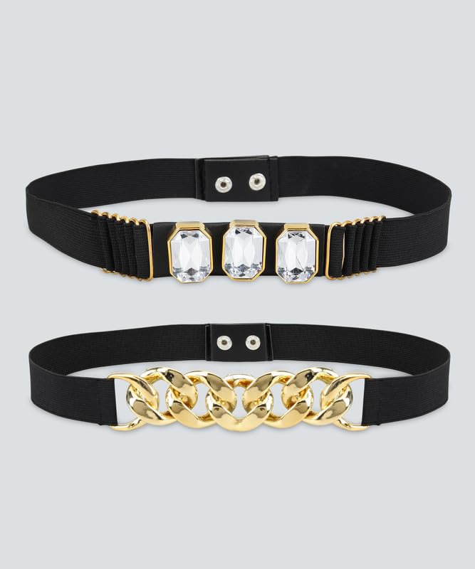 Women Skinny Stretch Waist Belt Pack of 2 Adjustable Fashionable Saree Dress Party Accessories Black-image-4