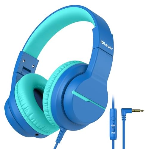 iClever HS19 Kids Headphones with Microphone for School, Volume Limiter 74/85dBA, Over-Ear Girls Boys Headphones for Kids with Shareport, Foldable for iPad/Travel (Navy Blue)