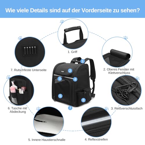Dogat Erweiterbar Katzenrucksack mit Netzfenster, Tragbare und Faltbare Haustier Rucksack mit Innerer Sicherheitsleine und Haustierunterlage für Katzen Hunde bis 17 lbs (8 kg) Wandern, Walken(Schwarz)