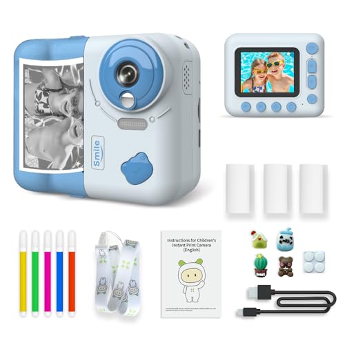 Camnoon Kids Instant Print Camera 1080P Digital Camera for Kids 2.4 Inch IPS Screen 10X Zoom with Thermal Printing Paper Color Pens Neck Strap 32GB TF Card Birthday Festival Gift for Children
