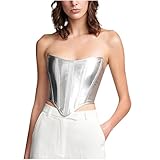Sexy Silver Corset Tops for Women Strapless Boned Sweetheart Neck Bodyshaper Bustier Fashion Party Crop Top