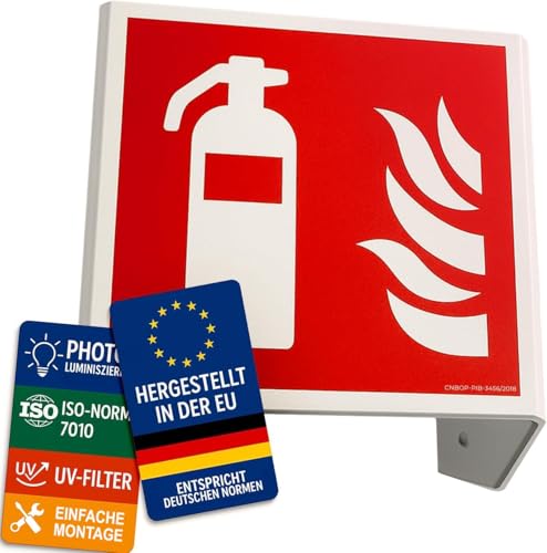 notlok Safety Work – 3D Feuerlöscher Schild [ 15x15cm ] nachleuchtend & zweiseitig | Schild Feuerlöscher mit einstellbarem Winkel | Brandschutz Piktogramme | Sicherheitsschilder ISO7010