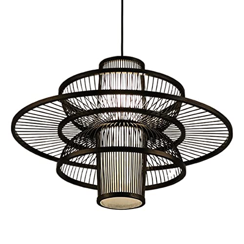 Lampe en bambou tressé main et suspension en bois noble au design ajouré beige pour salon