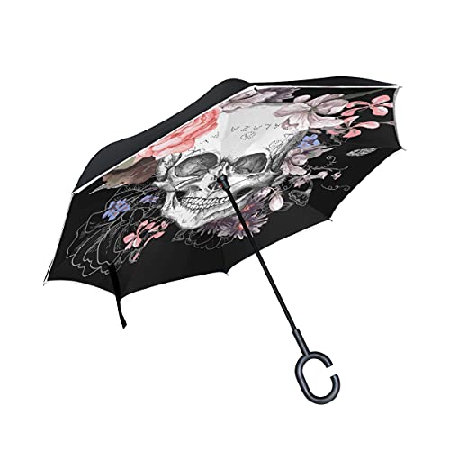 hengpai Parapluie inversé motif tête de mort - Double couche - Coupe-vent - Résistant aux UV - Pour femme