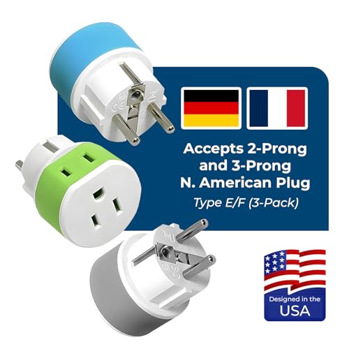 Image of OREI Germany, France, Schuko Power Plug Adapter with 2 USA Inputs - Travel 3 Pack- Type E /F (US-9) Safe Grounded Use with Cell Phones, Laptop, Camera Chargers, CPAP, and More