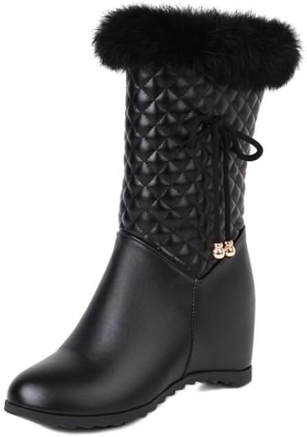 Women's Mid-Calf Winter Platform Hidden Wedge Boots Thick Rabbit Fur Collar Warm Waterproof Stretch Leather Non-slip Snow Boot with Side Zipper