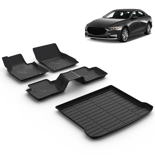 VOUKIY All Weather Car Floor Mats & Cargo Liner Set Fit for Mazda 3 FWD 2019-2024 2025 (Only Fits Hatchback Models) Floor Liners Trunk Liner Mazda 3 Cargo Mat Accessories Black