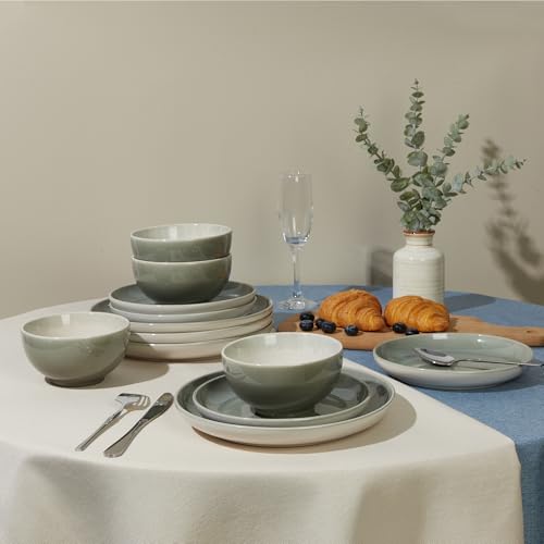 Image of Pokini Stoneware Dinnerware Sets for 6, Microwave Safe Plate and Bowl Set, Easy to Clean & Durable Dishes Sets for Small to Medium Families, Gray Green