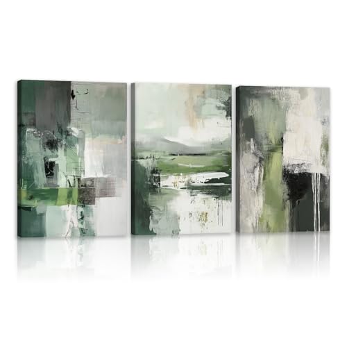 JINLUNTA 3 Piece Green Abstract Canvas Wall Art Sage Green