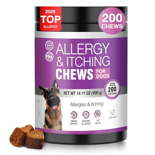 Dog Allergy Chews 200ct - Dog Allergy and Itching Skin Relief Anti Itch Aller Immune Bites for Dogs licking Paws Treatment Relief Itchy Chew Probiotics Vitamins for Skin and Coat Allergies - Chicken