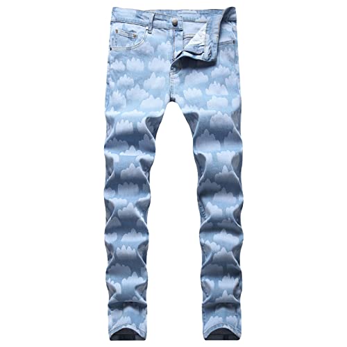 Maiyifu-GJ Men's Stretch Printed Ripped Jeans Distressed Skinny Washed Denim Pants Tie Dye Slim Fit Hip Hop Jean Trousers (Blue 1,36)