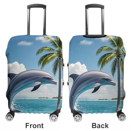Dolphins And Palm Trees Printed Luggage Cover Protector, Fits 18-32 Inch Luggage3