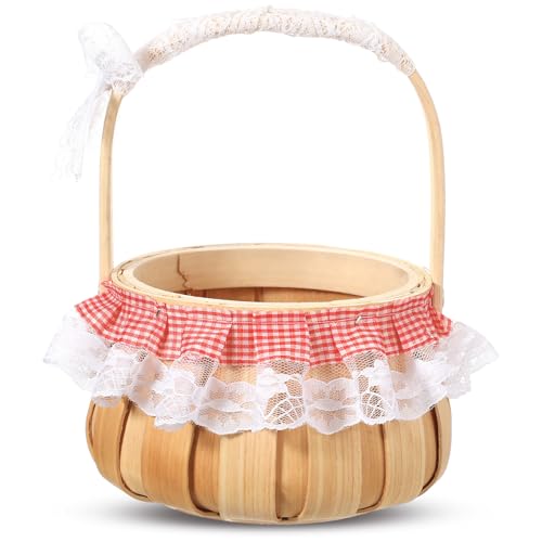 Cinnvoice Small Picnic Basket with Handle Gingham Picnic Hamper for Women Red Riding Hood Costume Halloween Accessory Outdoor Camping Easter Birthday(Woodchip Style)