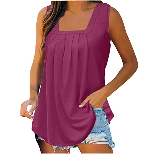 Camiseta sin mangas para mujer, cuello cuadrado, sin mangas, elegante, corte holgado, monocolor, camiseta básica, moda de verano, camiseta de tirantes para mujer, Z1-rosa, S