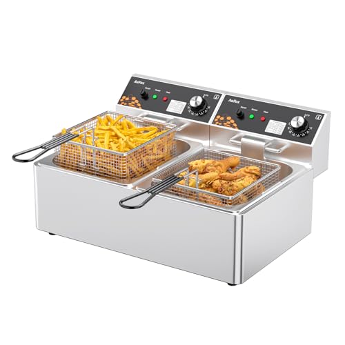 Commercial Deep Fryer 20L/21Qt Dual Tank Countertop Fryer 1.0mm Thickened Stainless Steel 3400W Electric Immersion Deep Fryers with Basket Adjustable Temperature for Restaurant