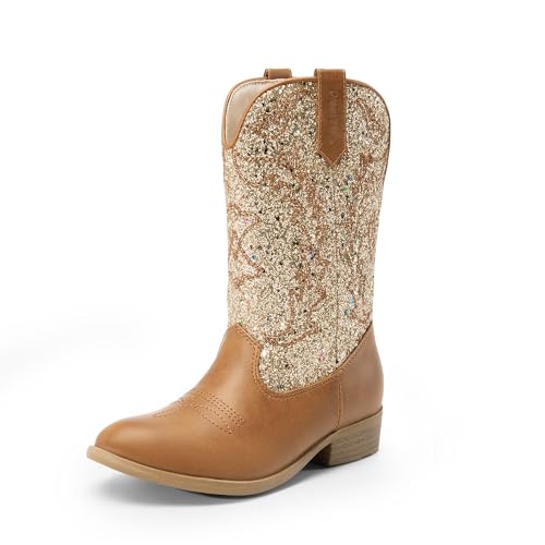 DREAM PAIRS Cowgirl Cowboy Western Boots Girls Mid Calf Riding Shoes Little Kid/Big Kid 11 Little Kid Gold/Brown