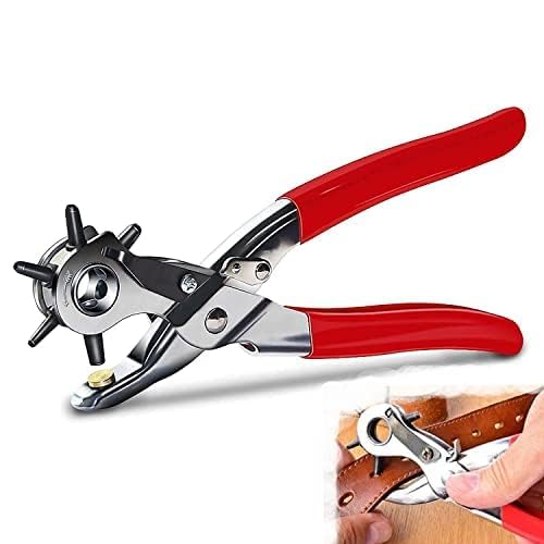 Image of Punch Hole Pliers: Metal Hand Tool with Revolving Heavy-Duty Puncher for Leather Craft, Belts, Watch Bands, Bags, Dog Collars and Fabric