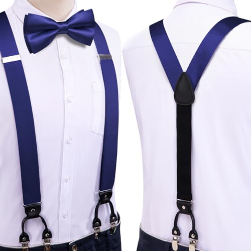 Image of Hi-Tie Men Suspender Bowtie Set Suspenders Pre-tied Bow Tie Pocket Square Cufflinks Adjustable Y Shape 6 Clips Braces Tuxedo