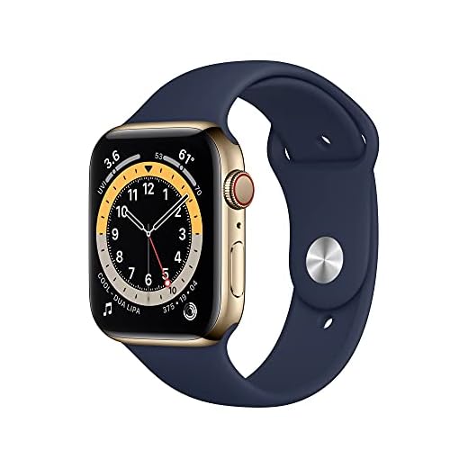 Apple Watch Series 6 GPS + Cellular, 44 mm rostfri stålboett i guldfinish med sportband i djupblå marin