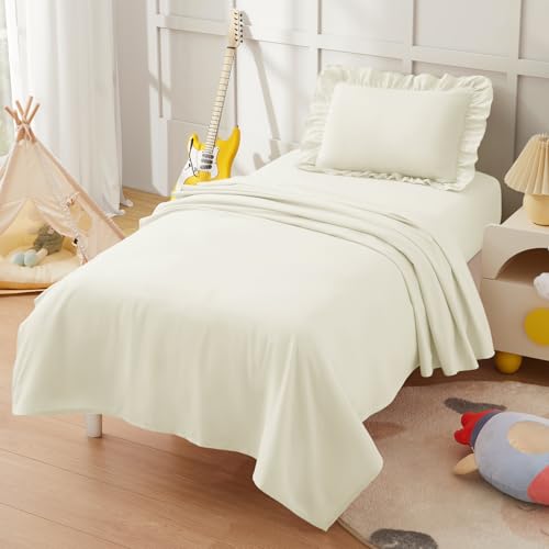 Image of KKJIAF 3 Piece Toddler Sheet Set Microfiber, Includes a Flat Sheet, a Fitted Sheet and a Ruffle Pillowcase, Beige