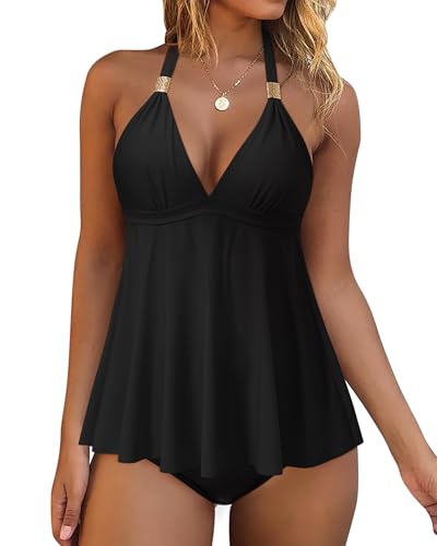 RXRXCOCO Women Halter Tankini Swimsuits Tummy Control Swimsuit Flowy V Neck Bathing Suits