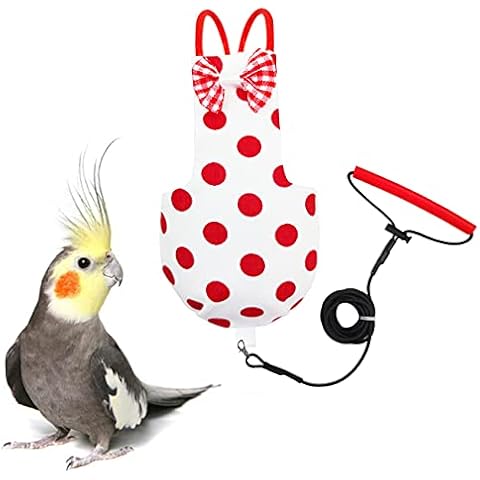 VANFAVORI Bird Diaper Harness Flight Suit Clothes with Liner 80 Inch Flying Rope Leash Extension for Birds Parrot Cockatiel Including A Cotton Pad, S Size, Polka Dots Cover