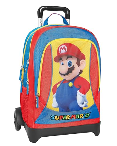 SUPER MARIO - Zaino Scuola Trolley Super Mario, Maniglia Regolabile, Trolley Staccabile, Spallacci Imbottiti e Regolabili, 2 Scomparti Principali, Tasca Frontale, Chiusure A Zip, 30x44Hx20cm
