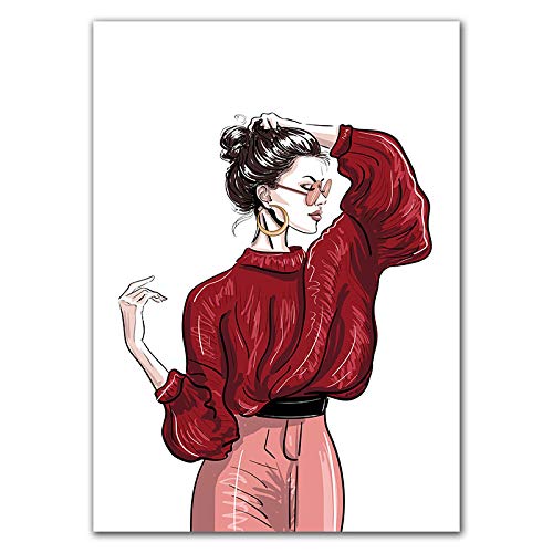 Pintura Giclee de chicas de moda en pack de 2 lienzos sin marco con detalles de labios rojos 2
