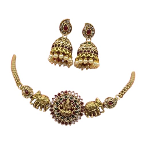 SHREE ADINATH CREATION Traditional Jewellery Set Gold Plated Mini Choker Set Gold Tone Elephant Goddess Laxmi Temple Antique Chocker Set with Earrings for Women and Girls