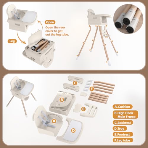 Image of Baby High Chair for 6 Months+, Foldable High Chairs for Babies and Toddlers, Convertible High Chair, Adjustable Tray & Footrest, Portable High Chair & Easy to Clean(White with Wood Grain)
